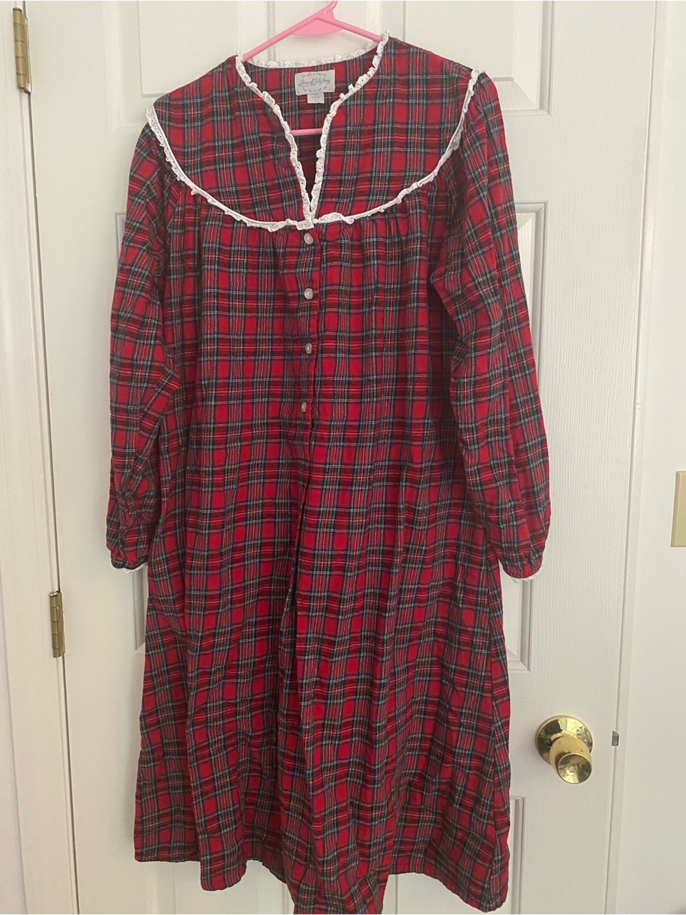 Classic Red Plaid Cotton Nightgown with Lace Trim